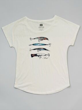 Avid Fishing Tee Shirt Womens Small White Fishing Lures Ocean Fish Beach Boating